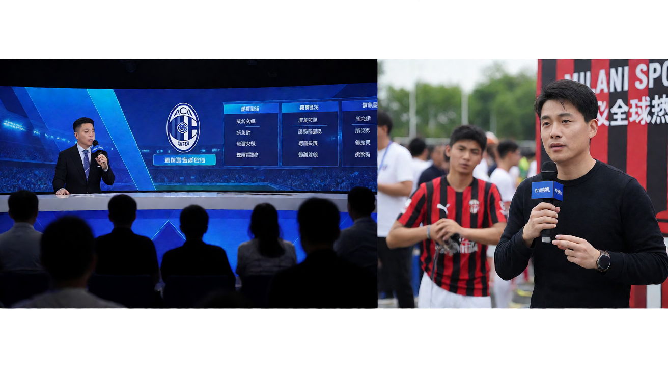 体育直播演播室，专业解说员进行赛事直播解说
